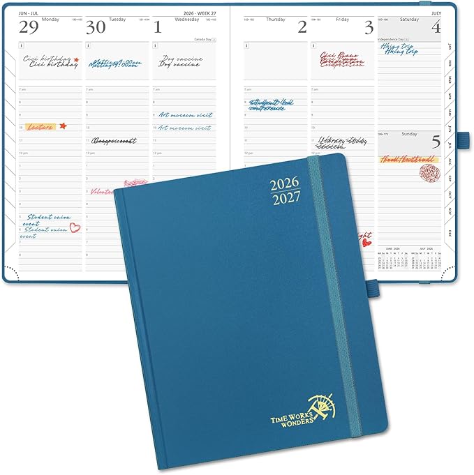 POPRUN 2026-2027 Academic Planner, Large Size 8.5" x 10.5", Weekly and Monthly Calendar, July 2026 to June 2027, Hardcover Appointment Book with Verital Layout, Hourly Time Slots, Monthly Tabs - Night Sky Blue