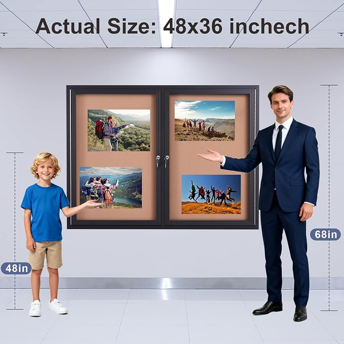 48x36 Inch Lockable Enclosed Bulletin Board, Weather-Resistant Outdoor Noticeboard with 2 Locking Doors, Wall-Mounted Black Aluminum Frame & Cork Presentation Board