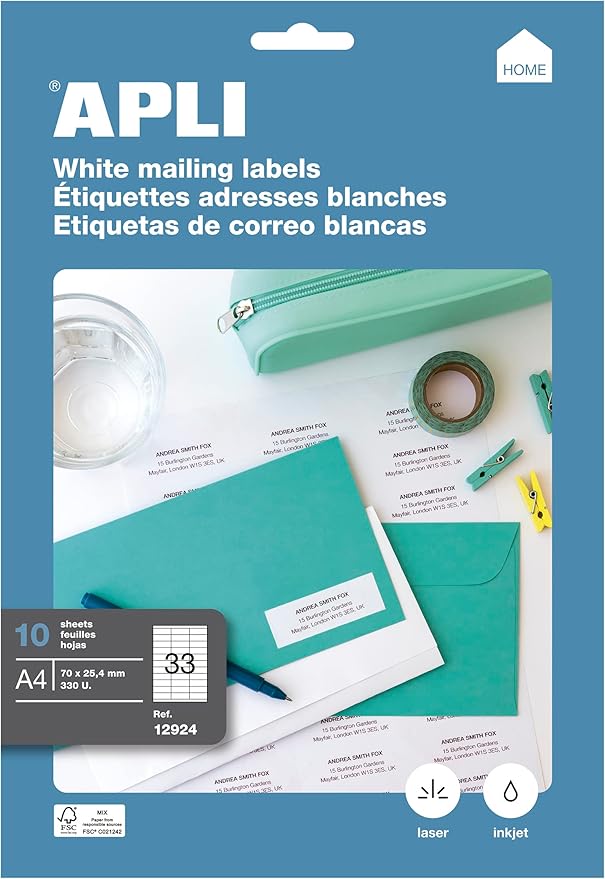 APLI 10 Sheets 70.0 x 25.4 mm Permanent Labels 12924