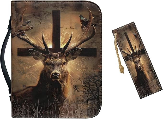 Leather Large Bible Cover with Bookmark，Carrying Book Case Church Bag Medium Bible Protective Brown Bible Case,Christian Gifts,Cross and Deer,Small