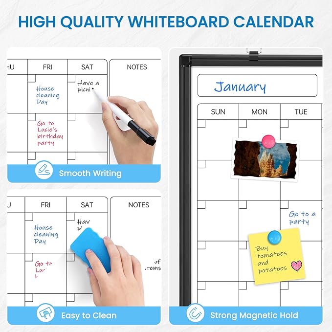 Monthly Calendar Dry Erase Whiteboard, 36" x 24" Magnetic Calendar White Board, Double-Sided Portable Board with Black Aluminium Frame for Office, Kitchen, School, Home