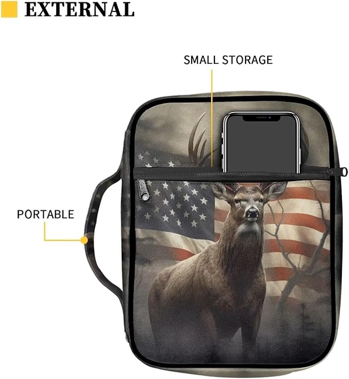 Suobstales American Flag Deer Print Bible Cover Portable Carrying Book Case Multi-Functional Bible Case Bible Organizer Case with Handle and Zippered Back Pocket