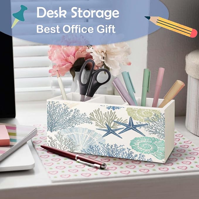 SNNDER Coastal Beach Pen Holder for Desk, Ocean Beach Lovers Gifts Wooden Box Sign Desk Decor for Home Office Tabletop Shelf Decoration, Coral Starfish Seashell Coastal Pencil Organizer