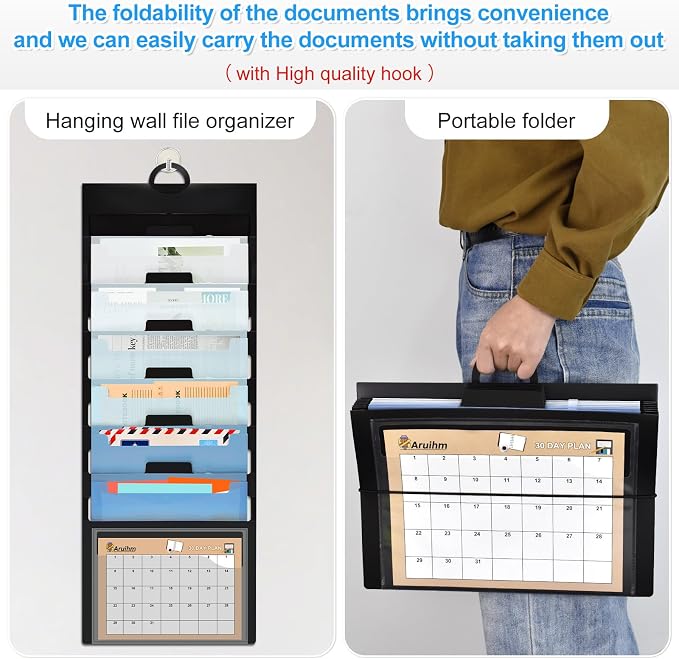 Wall File Organizer 6 Pocket, Hanging Wall File Organiser for Classrooms and Offices, 6 Removable Poly Hanging File Folders Black/Blue