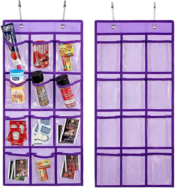 2 Pcs Classroom Pocket Chart Cell Phone Organizer Calculator Holder Over The Door Hanging Storage for Sock Underwear Jewelry with 12 Clear Pockets (Purple)