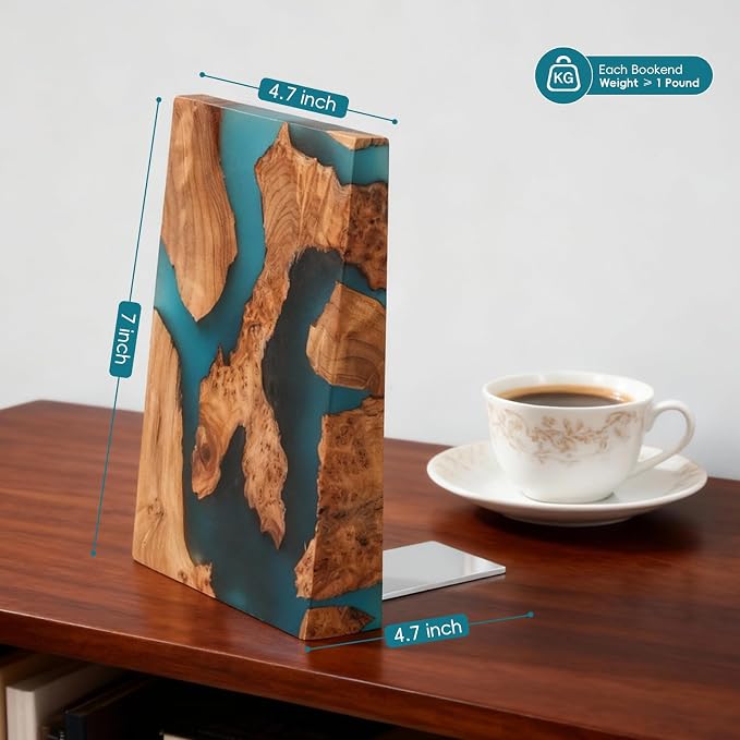Glow in The Dark Bookends, Wood Bookends for Shelves,Blue Luminous Book Ends with Burl Wood and Resin,Decorative Book Stopper Binder and Dividers, Blue, Large,Unique Desk Decor for Home Office Library