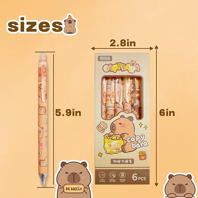 Rexinc 6PCs Capybara Mechanical Erasable Gel Pens, Cute Animal Cartoon Capibara Back to School Supplies, 0.5mm Blue Ink Kapibara Pens Office Kids Students Girls Boys Party Birthday Favors