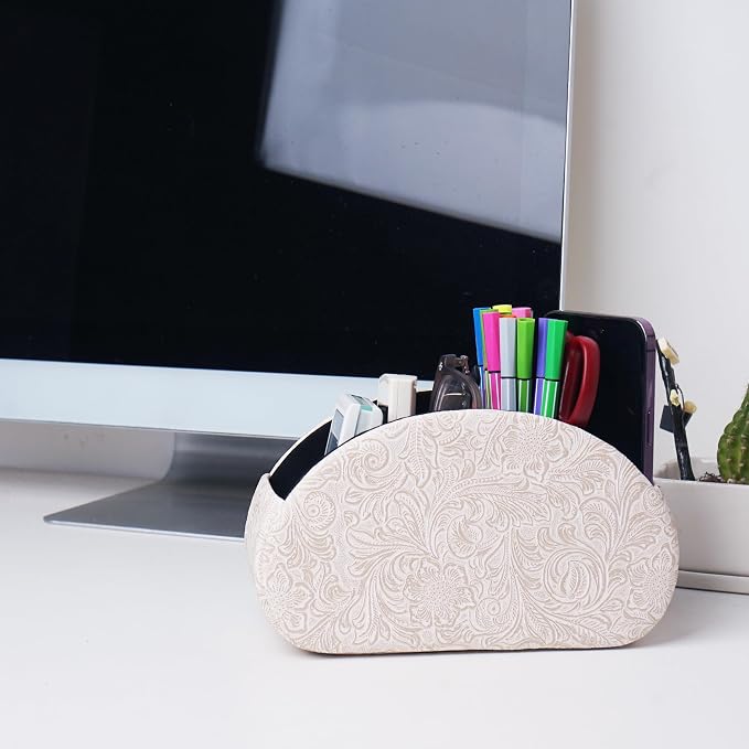 Remote Control Holder, PU Leather Remote Caddy Desktop Organizer with 5 Spacious Compartments for TV Remotes/Media Controllers/Office Supplies (1-Carved3 White