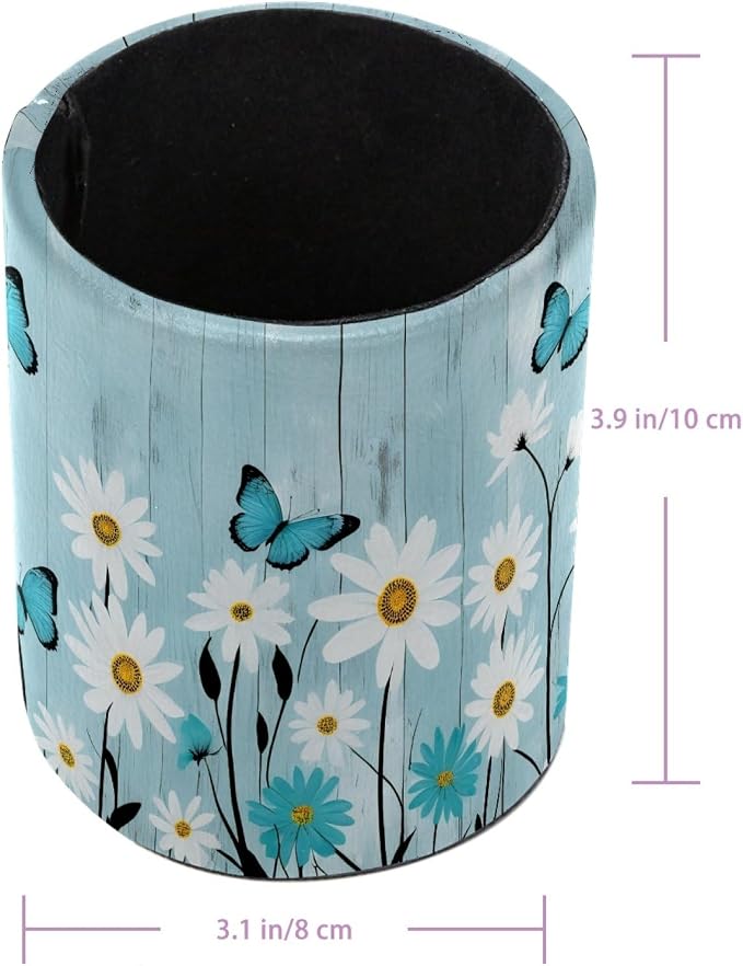 Daisy Floral Butterfly Rustic Plank Pen Holder Pencil Organizer Cute Pencil Cup Desk Decor Makeup Brush Holder PU Multifunctional Office Supplies for Home Classroom School
