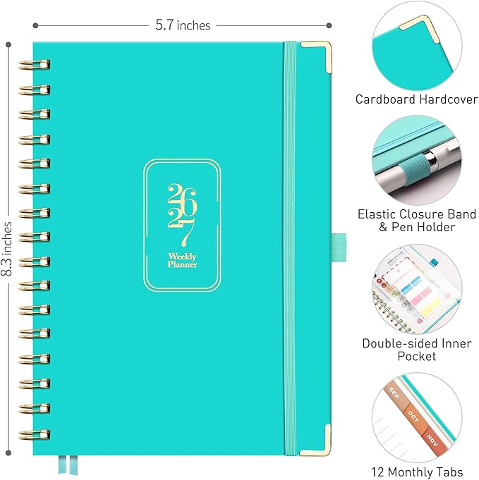 RETTACY Academic Planner 2026-2027, Weekly and Monthly, July 2026 - June 2027, Medium Size (5.7" x 8.3"), Calendar, Agenda, 12-Month Tabs, Hardcover, for Student, Teacher, School (Tiffani Blue)
