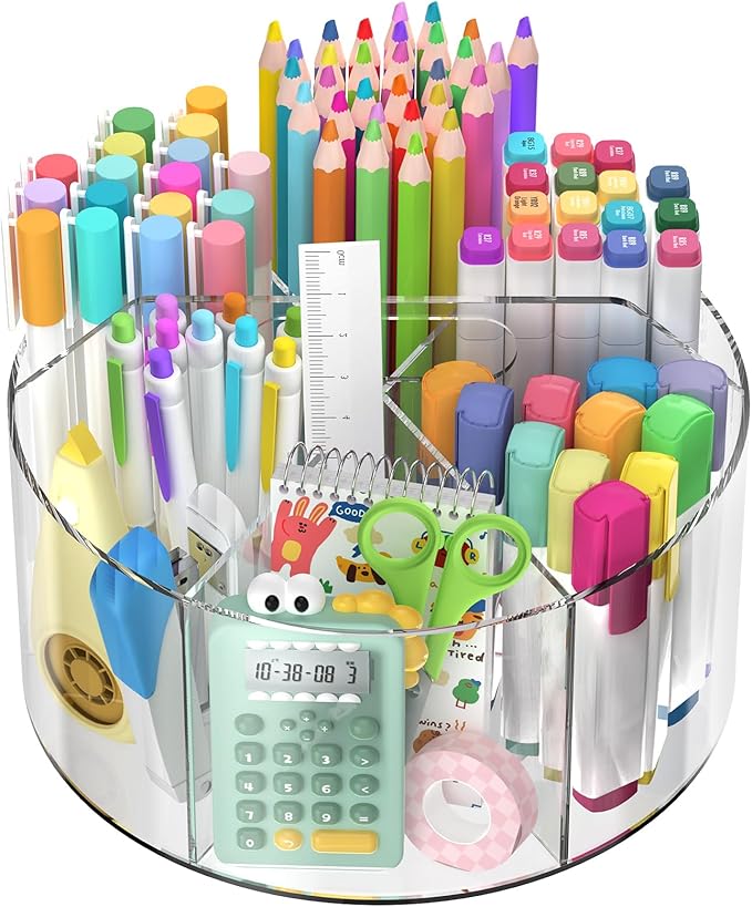 SUPEASY Acrylic Rotating Pencil Holder, 360° Clear Pen & Marker Organizer with 6 Compartments and Carry Handle, Crayon Art Supply Organizer for Desk, Home, Office, Classroom