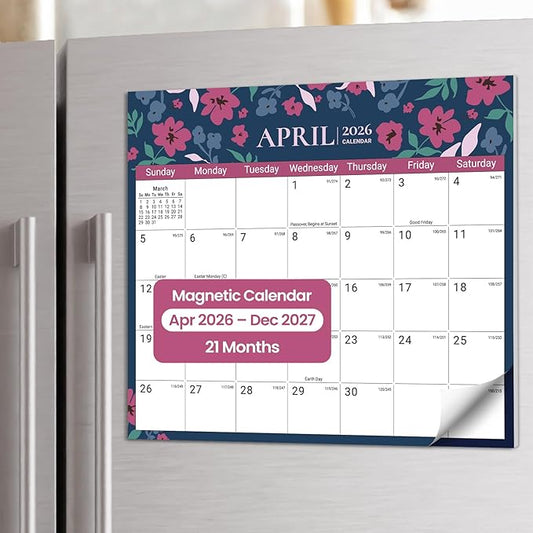Aesthetic 2026-2027 Magnetic Calendar for Refrigerator, 21-Month Fridge Calendar Magnet from April 2026 to December 2027, Easy Organizing，Twilight Petals