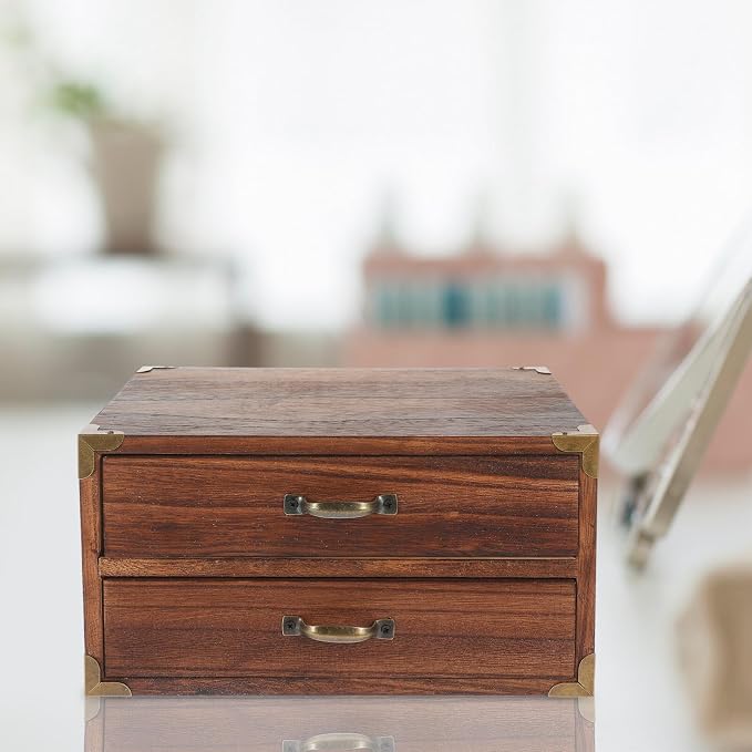 Alipis 2 Drawer Wooden Desktop Organizer - Vintage Style Storage Cabinet for Office Supplies Jewelry and Cosmetics Compact 9.44X7.08X5.11 Inch