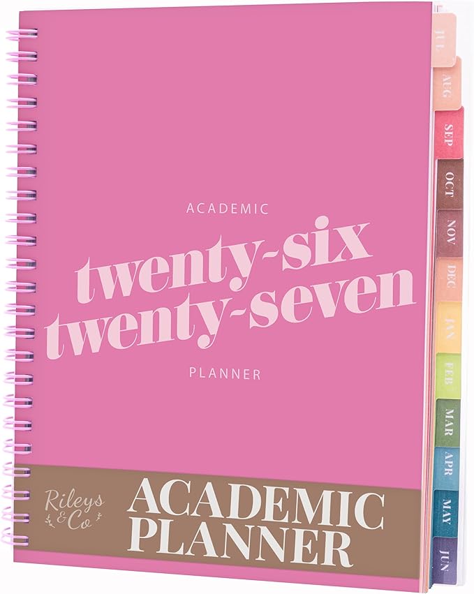 Rileys Academic Planner 2026-2027, Daily, Weekly & Monthly Planner, July 2026 - June 2027, Student Notes Pages, Twin-Wire Binding, Weekly Agenda for School & Work (8 x 6-Inches, Diagonal, Pink)