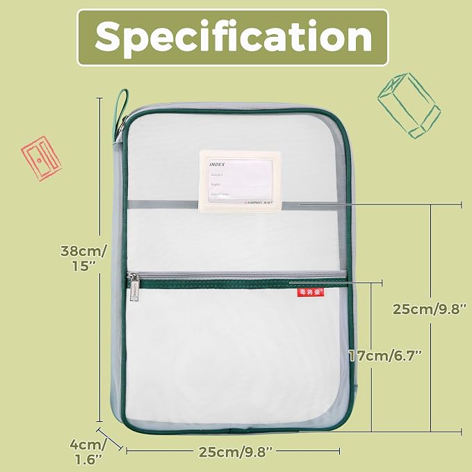 Pendancy Mesh Zipper Pouch 14.8x10.8 in Transparent Lightweight Nylon File Folders, A4 Size Multi-Layer Subject Document Organizer Accessories Storage Bag for Office and School Supplies(Green)