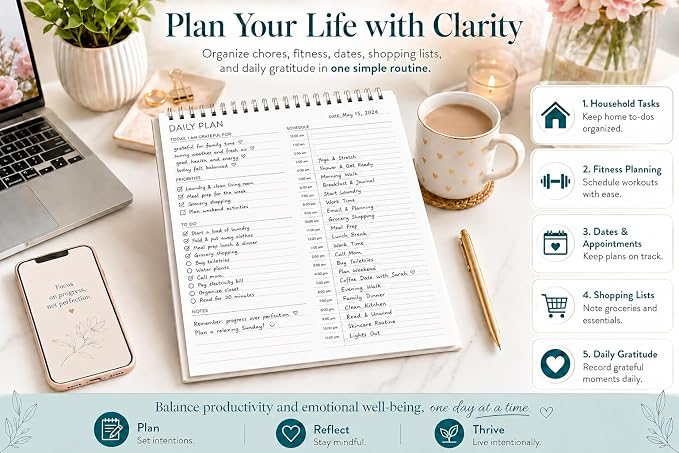 24 Hour Daily Planner with To Do List for Work & Personal Life,105 Days Undated Daily Task Planner with Hourly Schedule, Priority & To Do List Organizer, Top Spiral Bound Daily Planning Pad for Home Office Use,Student,Housewife, No Bleed Everyday Plann...