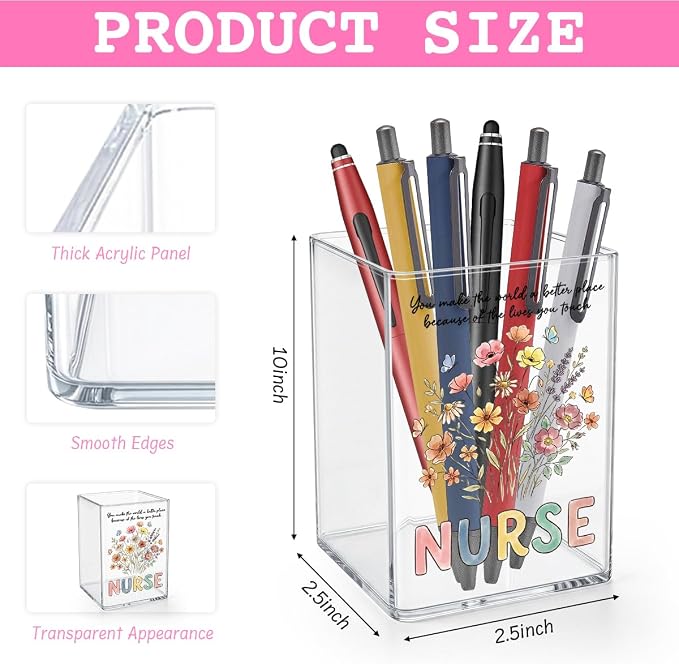 Cute Floral Nurse Acrylic Cosmetic Pencil Pen Holder Cup Gifts for Nurse Women Nursing Student RN LPN CNA MA NP Decor for Home Office Desk Vanity Organizers and Accessories