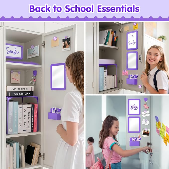MoKo 17PCS Locker Accessories for Girls, Cute Locker Accessories Kit with Mesh Shelf, Magnetic Dry Erase Board, Mirror, Marker Holder, Marker, Plush Rug, Magnets, Lockers Decor for School/Work, Purple