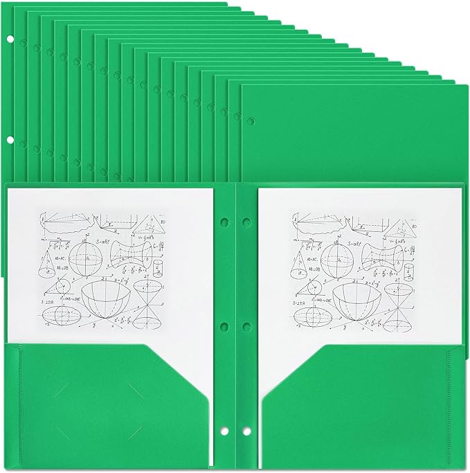 Yeaqee 72 Pcs Plastic Folders with Pockets Bulk 3 Hole Punched 2 Pocket File Folders for 3 Ring Binder Divider Folder for Notebooks, Durable Poly for Office Home (Green)