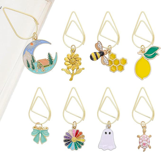 Cute Metal Bookmark Gift - 8 PCs Colorful Bee Flower Bow Ghost Paperclip Book Mark Unique Turtle Moon Page Markers for Reading Lovers Women Kids Students Teachers School Office Accessories