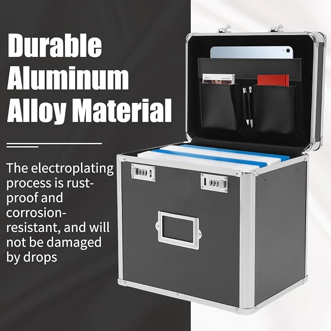Aluminum Alloy File Organizer Box, 13.8x10x13.4in Portable File Box with Dual 3-Digit Combination Locks - for Letters, Documents, Office Supplies