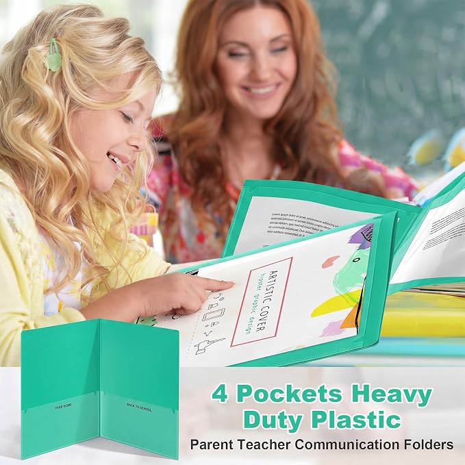 Henoyso 48 Pcs Take Home Folder Heavy Duty 2 Clear Front Pockets and 2 Inside Pockets Homework Folders for School Students Parent Teacher Classroom Communication (Green)
