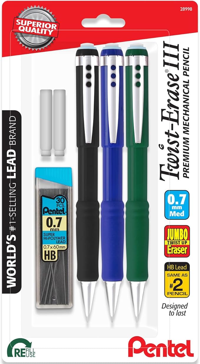 Pentel Twist Erase III Mechanical Pencil 0.7mm - Pre-Loaded Super Hi-Polymer HB Lead - Assorted Color Barrels - Pack of 3 + Lead & Eraser Refills