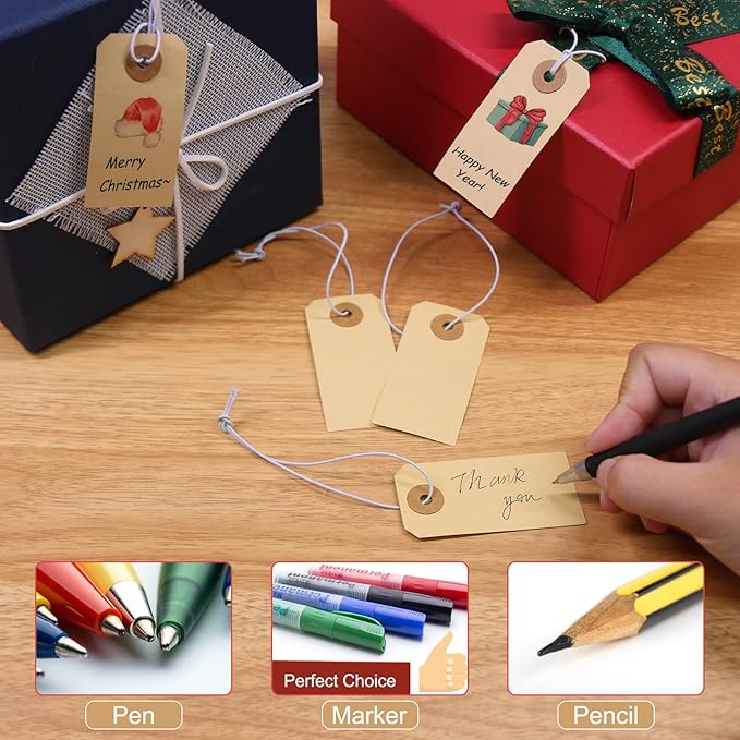 Manila Paper Tags with Elastic String - Coideal 200 Pcs Small Hang Price Tags Attached Reinforced Hole, Blank Marking Shipping Label for Hanging Gift Clothing Jewelry (2 3/4" x 1 3/8")