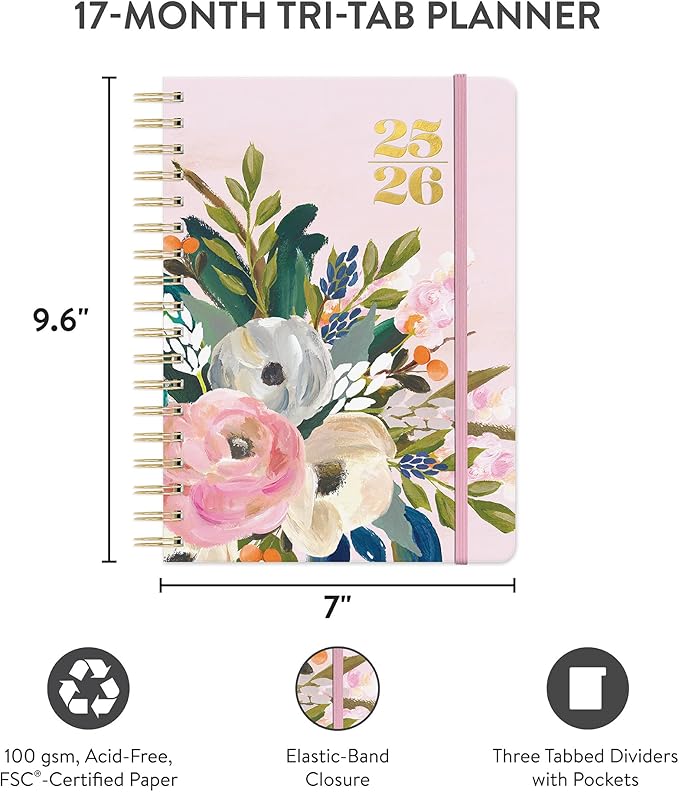 Orange Circle Studio 2026 Planner, Amazon Exclusive, Bella Flora, Tri-Tab Planners, Triple-Section, 9.6" x 7", Weekly Monthly Planner Calendar for School, Work, Includes Note Pages