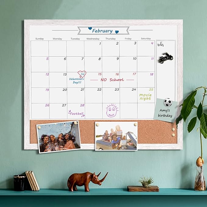 Dry Erase Calendar Whiteboard for Wall, Combination Magnetic Dry Erase White Board & Bulletin Board, 23.6" x 31.5" Wood Framed Calendar/Cork Combo Board(WH-6080)