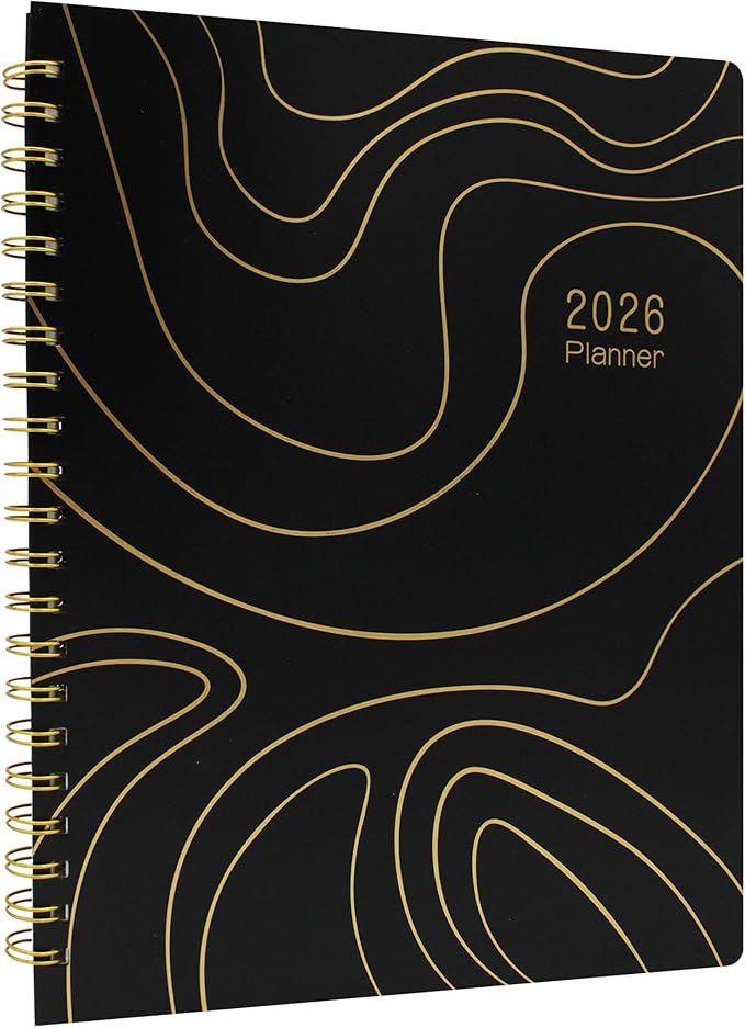 Sonjade Planner 2026 Daily & Weekly & Monthly, Spiral Bound, Academic Schedule Planners, Work Business Life Goal Calendar Planner, Appointment Book, Organiser Notebook, Black with Gold Design, 9 x 11.6 Inch, Black