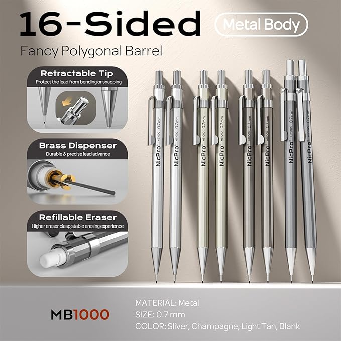 Nicpro 8 Pack Mechanical Pencil 0.7mm with Case, MB1000 Metal Mechanical Pencil Set with 6 Tube HB #2 Lead Refill 0.7 mm, 3PCS 4B Eraser, 9 Cap Eraser for Artist Drafting Writing, Sketching, Drawing