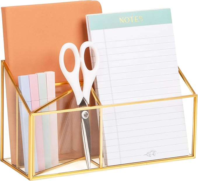 Mind Reader 4-Compartment Glass Desktop Organizer with Copper Trim, Angled Design for Office Supplies, Makeup & Accessories, Glass and Copper, Clear