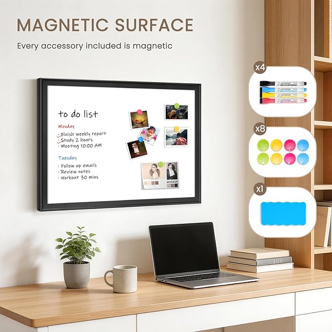 White Board for Wall, 36" x 24" Magnetic Dry Erase Board, Decorative Wooden Frame Large Whiteboard, Wall Mounted, Aesthetic Writing Board for Home, Office, School - Black