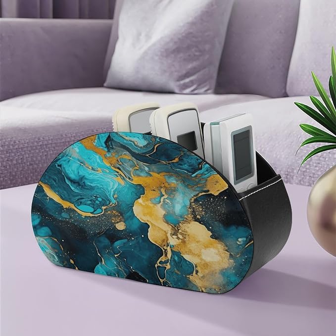 Remote Control Holder,Turquoise And Gold Printed PU Leather Remote Caddy Desktop Organizer with 5 Compartments for Media Accessories & Office Supplies Storage