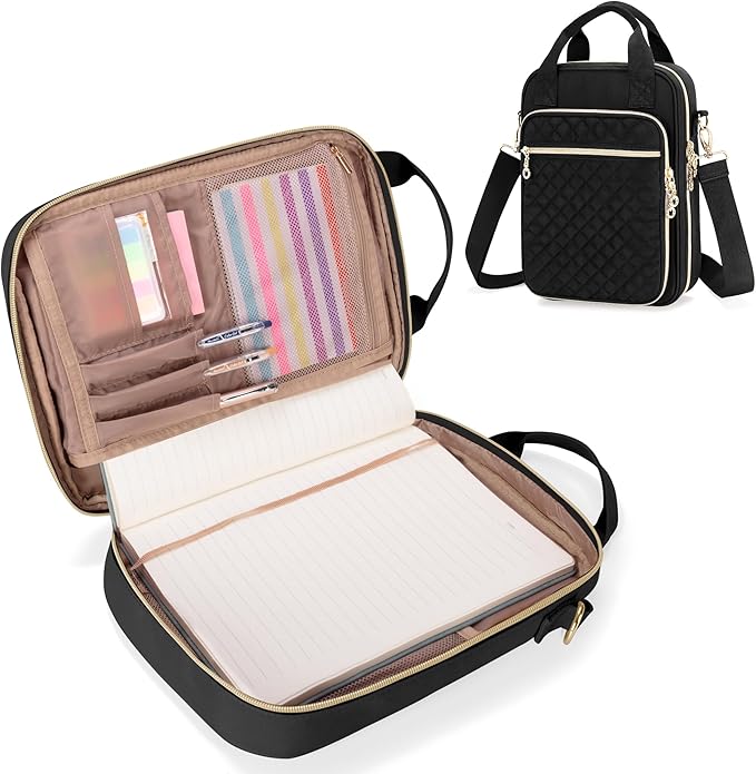 Teamoy Journal Supplies Storage Case, Journal Supplies Holder with Pen Slots, Travel Organizer Holder for B5 Notebooks, Planner, Pens, Journal Supplies and Accessories, Black Quilted