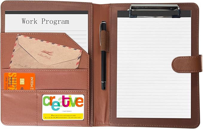 Padfolio Portfolio Binder, Leather Clipboard Folder Briefcase Loose-Leaf Binder with Cover Brown Folder with Pockets Resume Folder for Business Office Meeting Men Women's Business (A5, Brown)