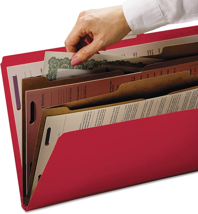 Smead Pressboard Classification File Folder with SafeSHIELD Fasteners, 2 Pocket Dividers, 2" Expansion, Letter Size, Bright Red, 10 per Box (14082)