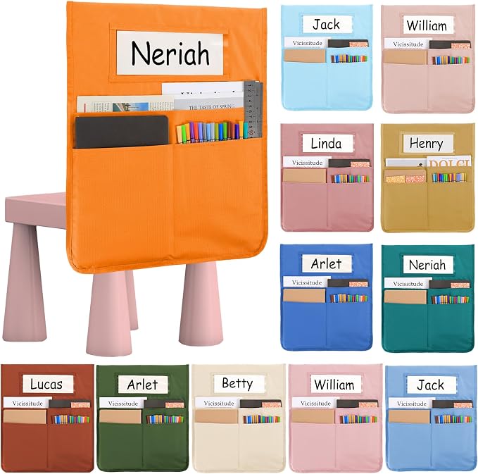 gisgfim 12 Pcs Chair Pockets for Classroom 16.7 x 19.3 Inch s with Name Tag Chairback 3 Pockets Chairs Seat Back Organizer for Elementary School Daycare Home Supply (Light Boho)