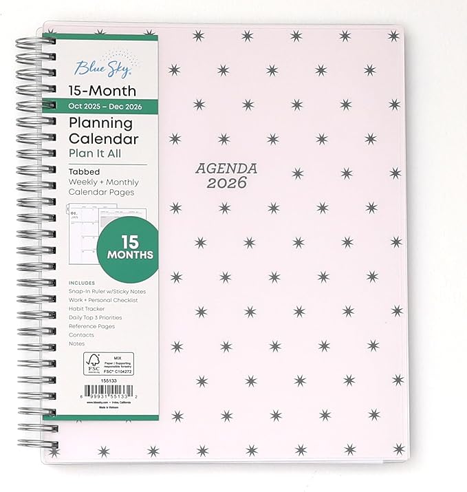 Blue Sky 15 Month 2026 Weekly and Monthly Planner Calendar, October 2025 - December 2026, 7" x 9", Flexible Cover, Durable Twin Wire Binding, Laminated Tabs, Includes Ruler & Sticky Notes, Parisa