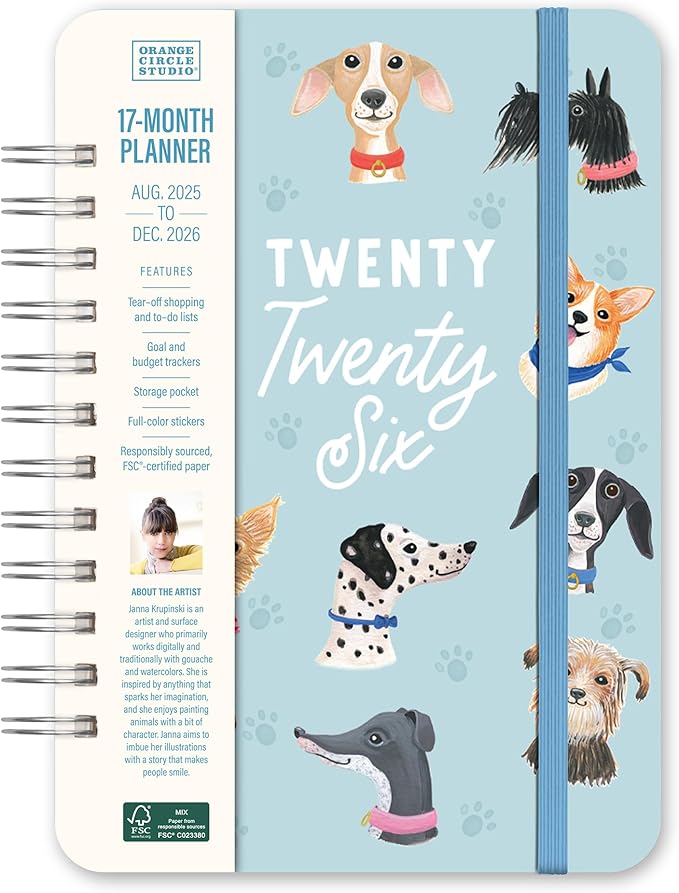 Orange Circle Studio Academic Planner 2025-2026, Doggone Cute, 17-Month, August 2025 to December 2026, 8.78" x 6.1", Wire-O Bound, Dotted Grid Week-Per-Spread View, To-Do Lists, Budget & Goal Trackers