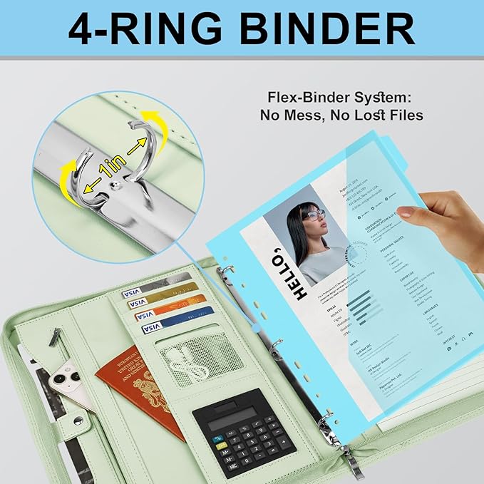 Eshow Portfolio Organizer - 3 Ring Binder with Zipper, Vegan Leather Business Padfolio Folder with Notepad Includes 5 Color Sheet Protectors for Documents Files for Men Women
