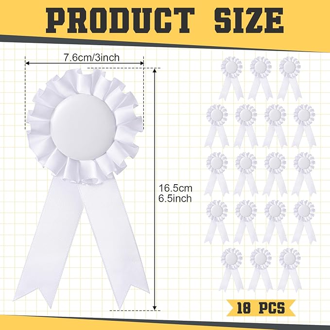 Henoyso 18 Pcs Blank Award Ribbon 1st Place Rosette Prize Award Medals Ribbons Recognition Participation Badges for Competition DIY Party Accessory Science Fair Talent Show(White)