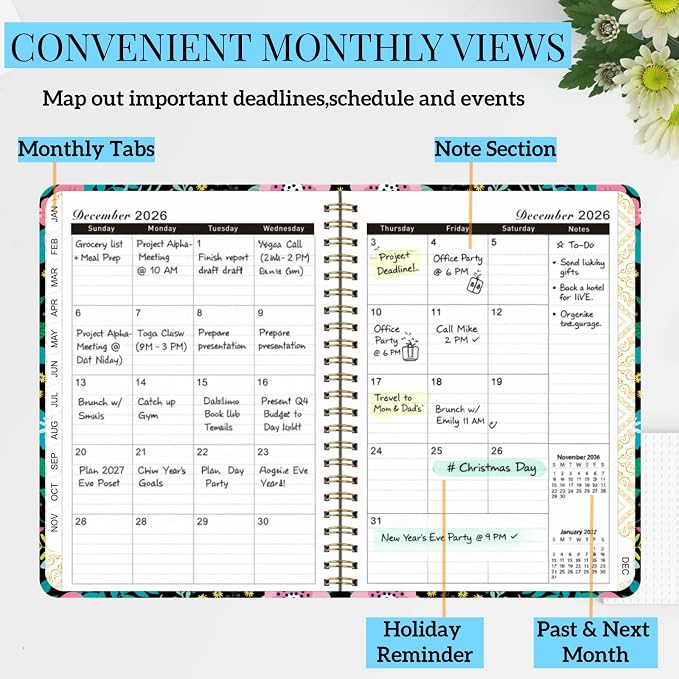 2026 Planner Weekly and Monthly,From Jan to Dec 2026,A5 Hardcover Academic Appointment Book with Tabs,100GSM Thick Paper,Back Pocket & Bookmark Ruler,Cute Floral Agenda for Women Teachers Students