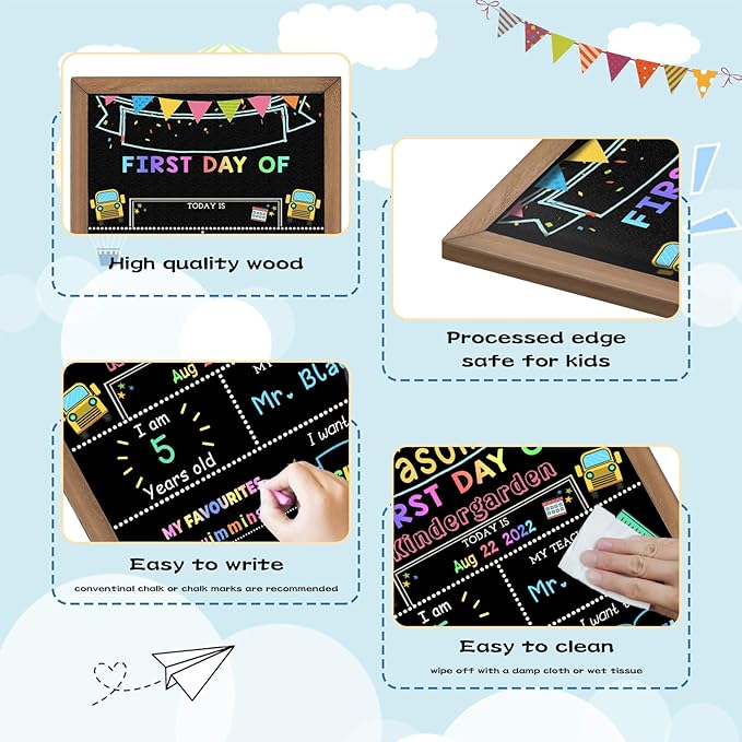 First & Last Day of School Chalk Board,10.5 x 14‘’ Double Sided Back to School Sign, Reusable Wooden 1st Day School Chalkboard of Preschool/Kindergarten/First Grade Photo Props for Kids