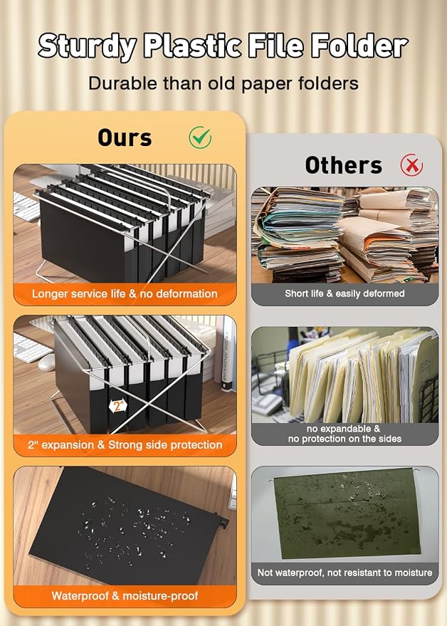SHUTEX Extra Capacity Legal Size Hanging File Folders,12 Pack Reinforced Plastic Hanging Folder, Heavy Duty 2 Inch Expansion, Filing Cabinet Folders for Bulky Files, Medical Charts, Black