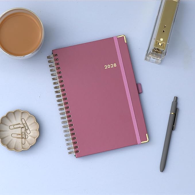 Blue Sky 2026 Weekly and Monthly Planner Calendar, January 2026 - December 2026, 5" x 8", Faux Leather Cover, Durable Twin Wire Binding, Storage Pocket, Laminated Tabs, Includes Pen Loop, Bungee, Ruler, Imperial Rose