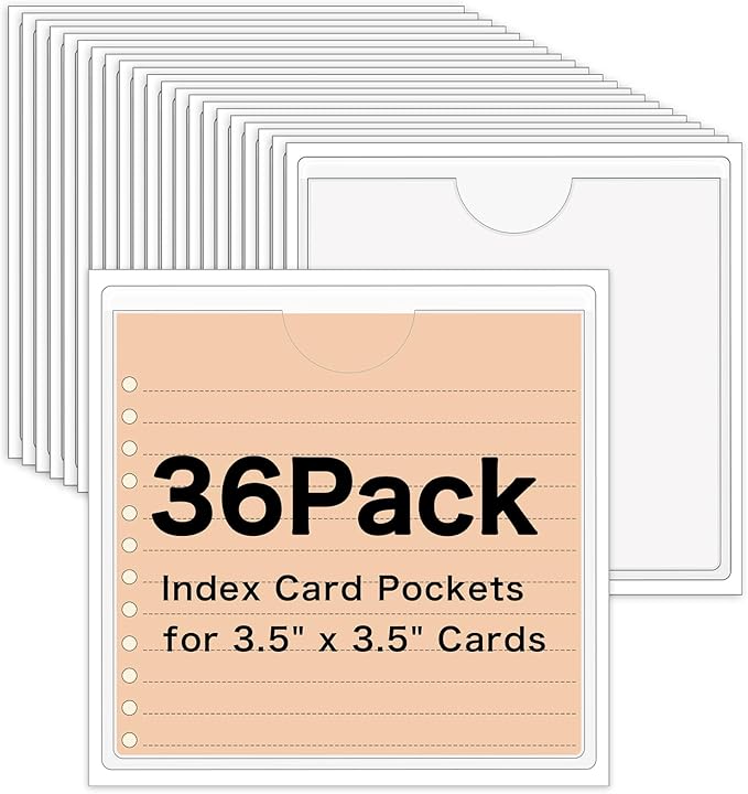36 Pack Adhesive 3.5" x 3.5" Index Card Pockets with Top Open for Loading, Clear Plastic Labels Holders for Storage Bins Library Card Totes Shelves