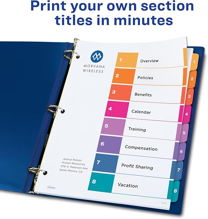 Avery 8 Tab Dividers for 3 Ring Binders, Customizable Table of Contents, Multicolor Tabs, 6 Sets (11186)