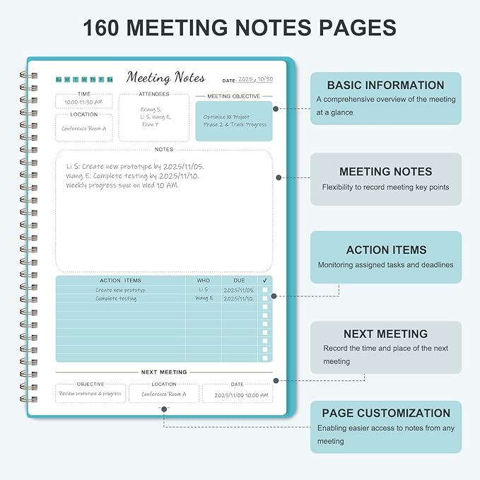 Meeting Notebook for Work Organization, Work Planner Notebook with Action Items, Project Agenda Planner for Note Taking, 160 Pages (6.9" X 9.9"), Perfect Office School Business Supplies for Women & Men(Blue)